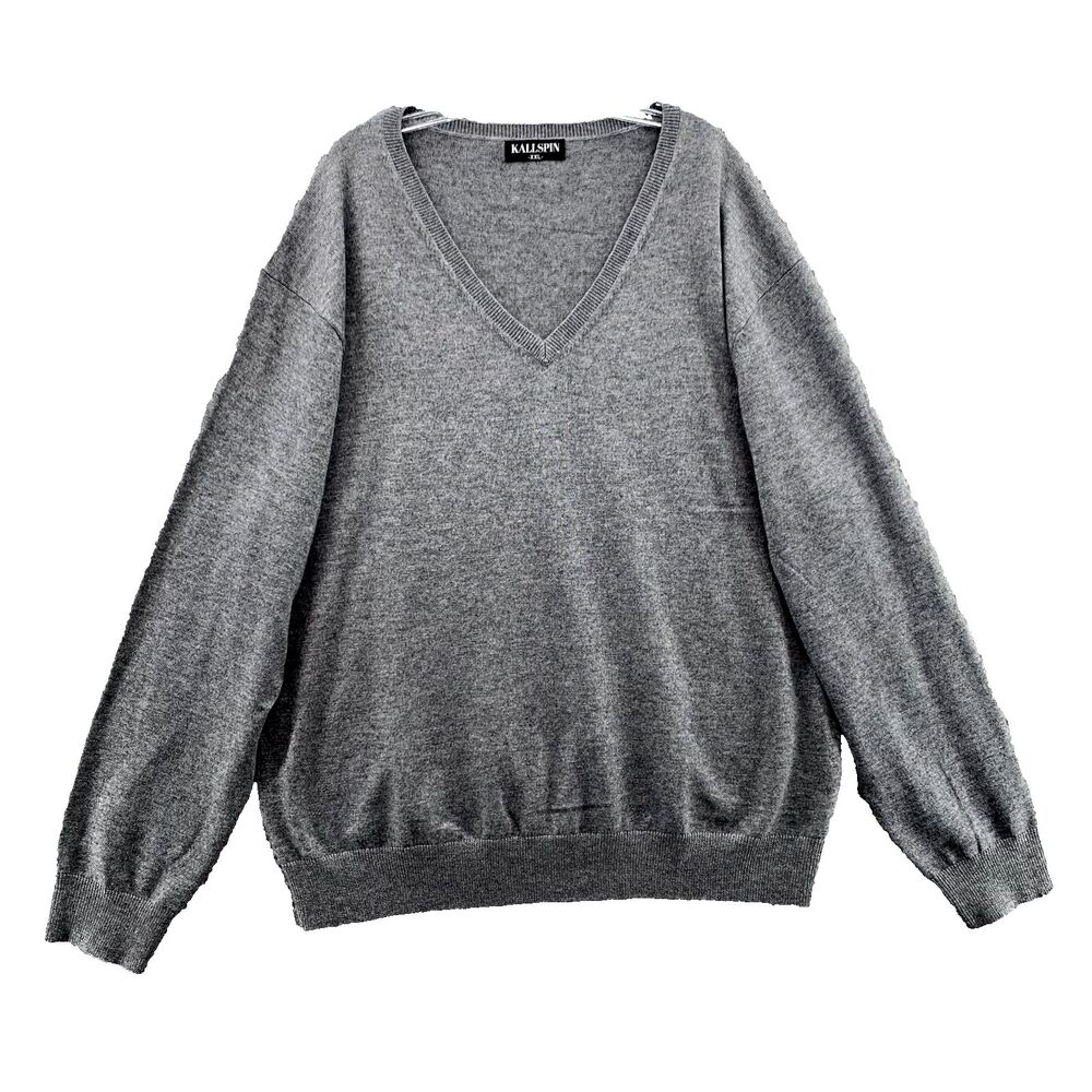 Kallspin Sweater Mens XXL Gray V-Neck Cashmere Wool Preppy Grandpa Corpcore 90's